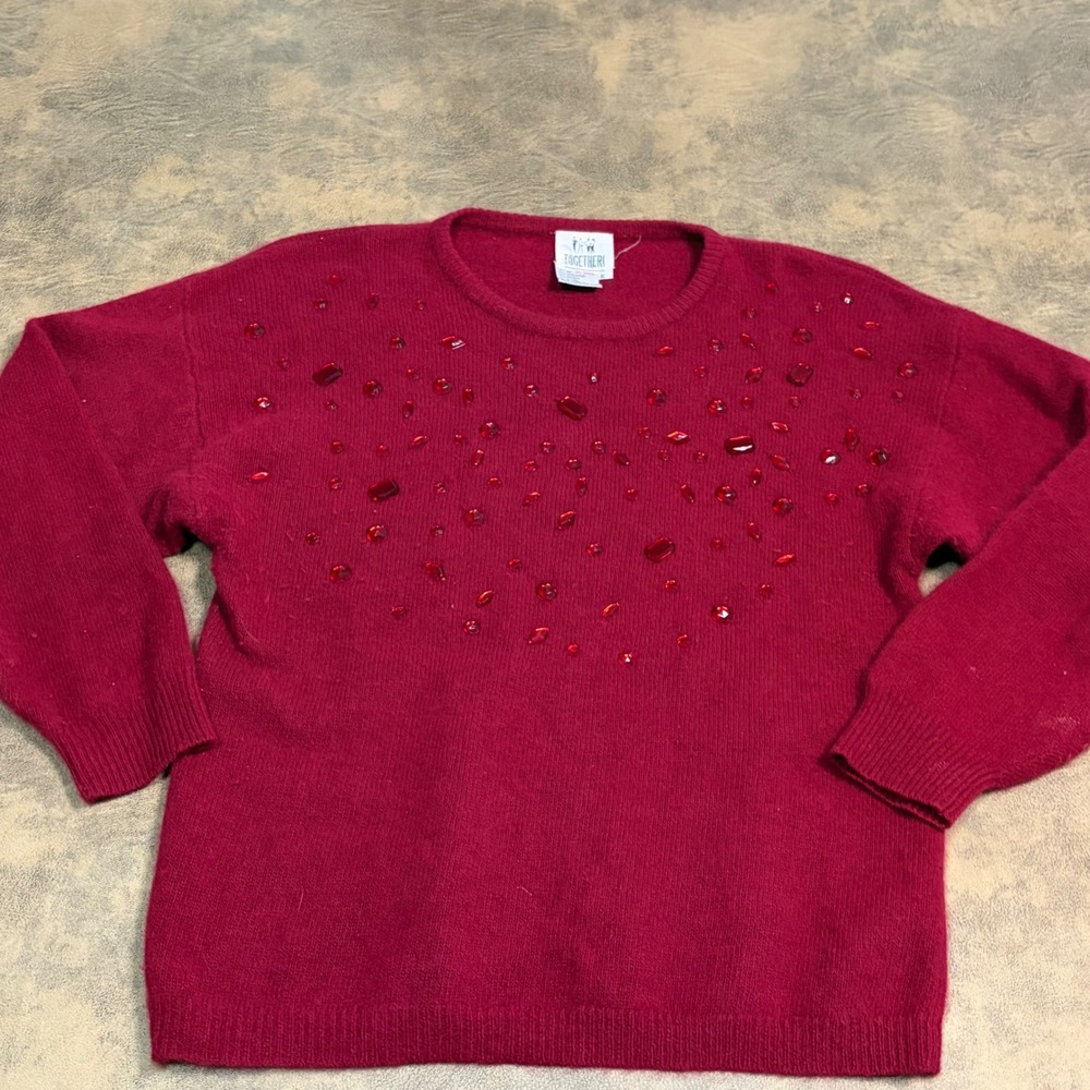 Together! Sweater Womens Small Red Lambswool Angora Beaded Gem Crew *PILLING*